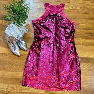 Sam Edelman Womens 0 Pink Sequin Velvet Silver Sleeveless High Neck Sheath Dress